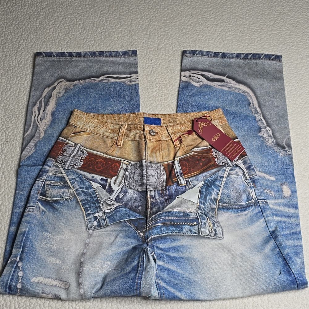 3169 NWT YADcrew丨3D Waistband Print Loose Fit Denim Jeans Sz Small - Picture 4 of 14